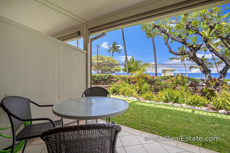 Downstairs covered lanai of a Kihei Akahi condo in the A building