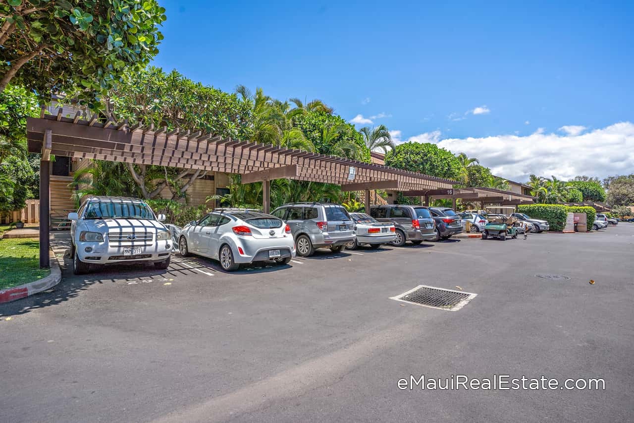 Trellis covered parking spaces in the common areas of Haleakala Gardens. All parking is assigned for condo owners.